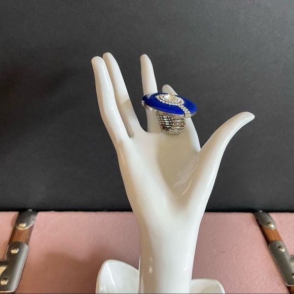 Royal Blue Enamel Round Shaped Stretch Cocktail Ring In Silver Plating Size 7/9 - Picture 5 of 9